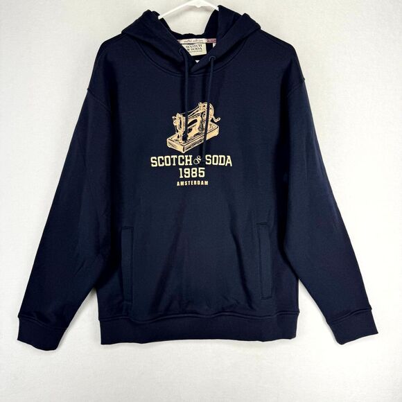 Scotch & Soda Mens Relaxed Fit Fleece Hoodie Dark Blue Embroidered Size M NEW - Picture 8 of 13